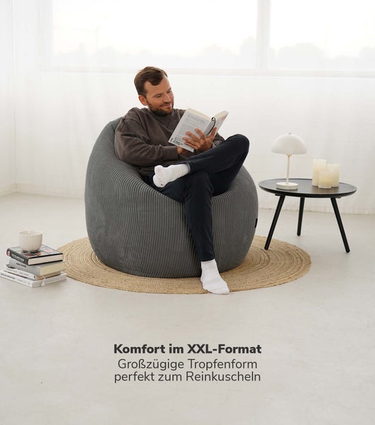 mokebo Sitzsack Cord mit Hocker 'Der Tagträumer', Bean Bag und Pouf mit EPS-Perlen Füllung in Anthrazit