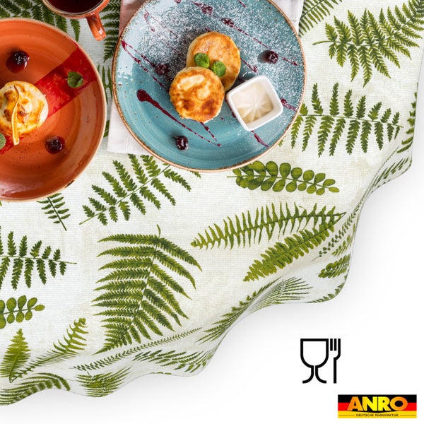Tischdecke mit grünem Farnblatt-Muster, lebensmittelecht, Anro Logo.