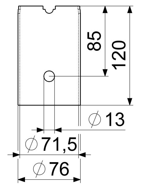 Technische Zeichnung mit Maßangaben eines zylindrischen Bauteils mit einem Durchmesser von 76 Millimetern und einer Höhe von 120 Millimetern.