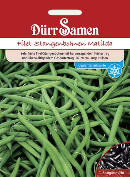 Dürr Samen Logo, Filet-Stangenbohnen Matilda, sehr frühe Sorte, 26 bis 28 Zentimeter lange Hülsen, zum Einfrieren geeignet, mit Saatgutansicht.