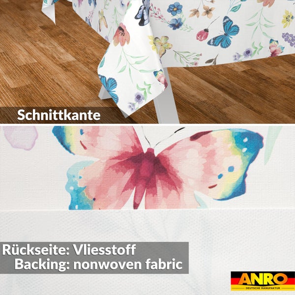 Abwaschbare Tischdecke mit Schmetterlingen und Blumen, Schnittkante, Rückseite aus Vliesstoff und ANRO Logo.