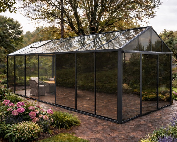 Großes Gewächshaus aus Glas mit dunklem Rahmen auf einer gepflasterten Terrasse in einem bepflanzten Garten.