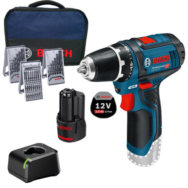 Bosch Akku-Bohrschrauber GSR 12V-15 / 1x 2,0 Ah Akku + Ladegerät inkl. Zubehör im Softbag