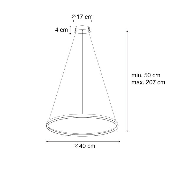 Technische Zeichnung einer Hängeleuchte mit den Maßen 17 cm Durchmesser oben, 40 cm Durchmesser unten und einer minimalen bis maximalen Höhe von 50 bis 207 cm.