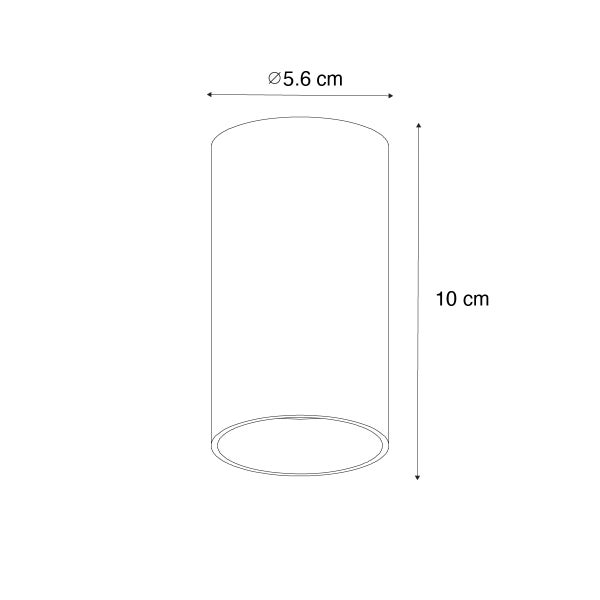 Technische Zeichnung einer zylindrischen Leuchte mit den Maßen 5,6 cm Durchmesser und 10 cm Höhe