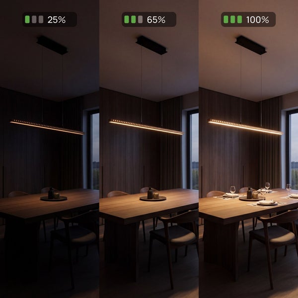 Dimmbare LED-Pendelleuchte über einem Esstisch aus Holz in einem modernen Esszimmer, dargestellt in drei Helligkeitsstufen 25, 65 und 100 Prozent.