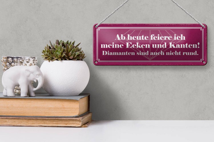 Blechschild Spruch 27x10cm feiere meine Ecken und Kanten Dekoration