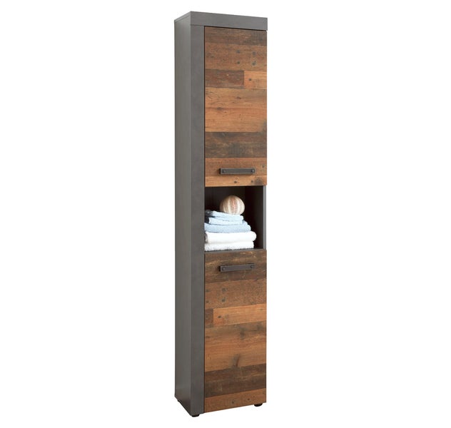 CancunIndy Bad Hochschrank 2 Türen, 1 offenes Fach Eiche Dekor, Old Wood Dekor. 36 X 31 X 184 cm