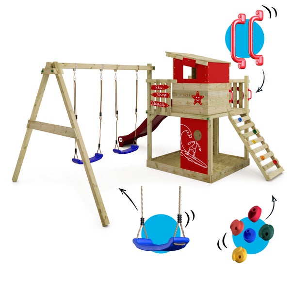 WICKEY Spielturm Klettergerüst Smart Camp mit Schaukel und Rutsche, Baumhaus mit Sandkasten, Kletterleiter und Spiel-Zubehör - rot