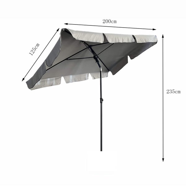 Rechteckiger Sonnenschirm mit den Maßen 200 cm mal 125 cm und einer Höhe von 235 cm