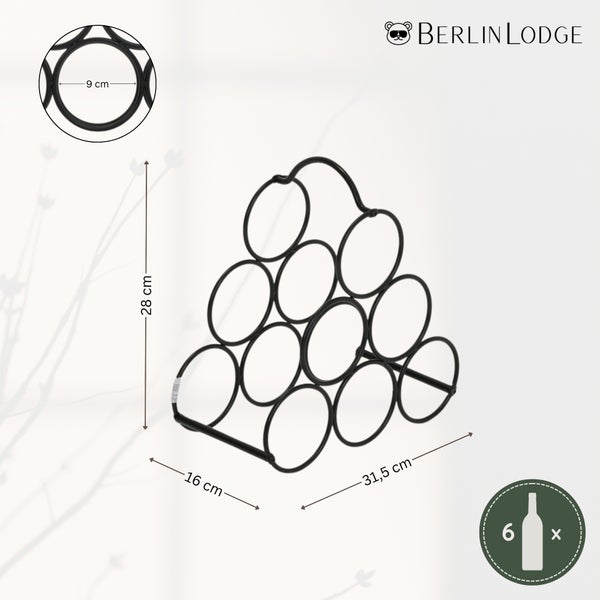 Berlin Lodge Weinregal aus Metall für 6 Flaschen: Höhe 28 Zentimeter, Breite 31,5 Zentimeter, Tiefe 16 Zentimeter, Ringdurchmesser 9 Zentimeter.