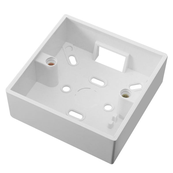 Weißes Aufputz-Gehäuse aus Kunststoff für Schalter und Steckdosen.