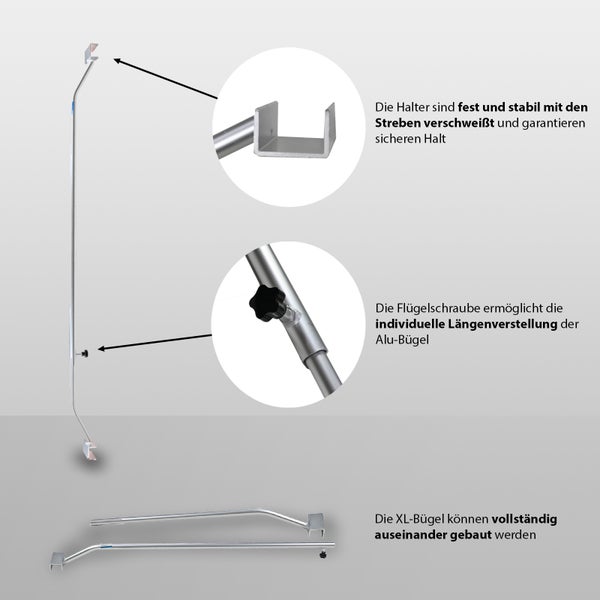 Verstellbare Aluminium Buegel mit verschweissten Haltern und Fluegelschraube zur individuellen Laengenanpassung fuer einen sicheren Halt.