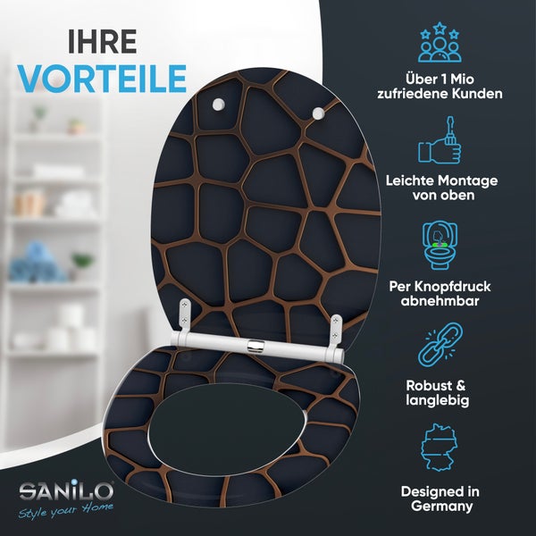 Sanilo Logo. Toilettensitz. Vorteile: Montage von oben, abnehmbar, robust, langlebig, über eine Million Kunden, entworfen in Deutschland.