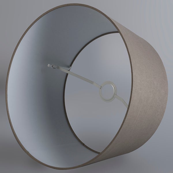 Runder Lampenschirm aus Textil mit Metallgestell und zentraler Halterung für die Fassung.