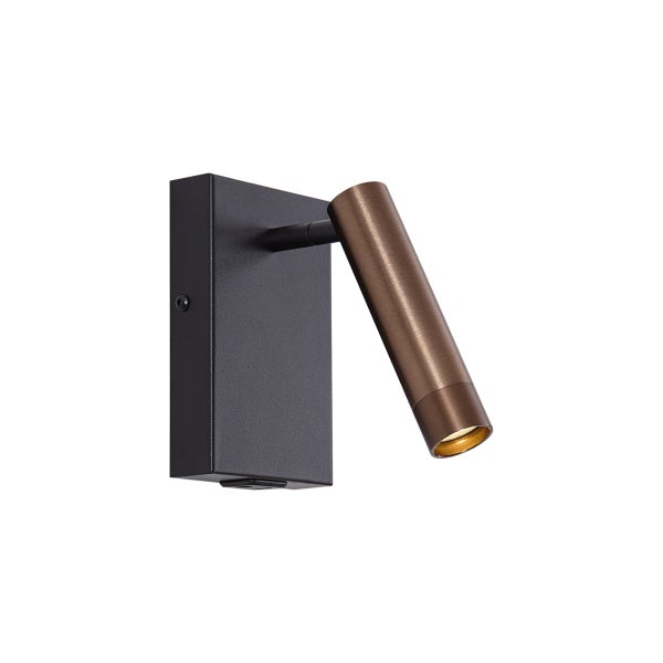 Wandleuchte aus Metall mit schwarzer Basis und verstellbarem Spot in Bronze-Optik.