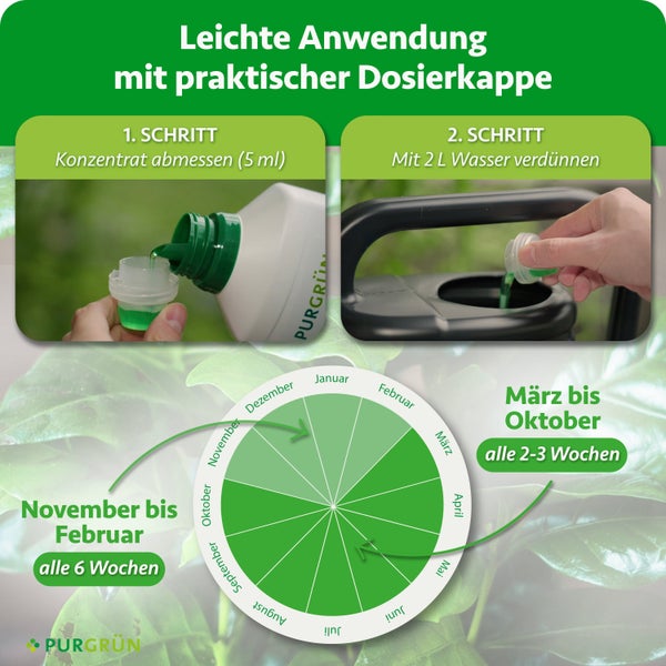 Anwendungshinweise für Purgrün Flüssigdünger mit Dosieranleitung und Jahreskalender für die optimale Düngehäufigkeit im Garten.