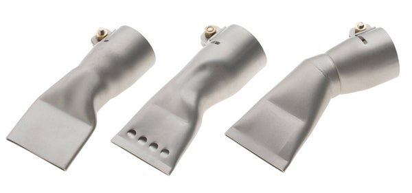 Drei unterschiedliche Breitstrahldüsen aus Metall für Heißluftgebläse in Silber.