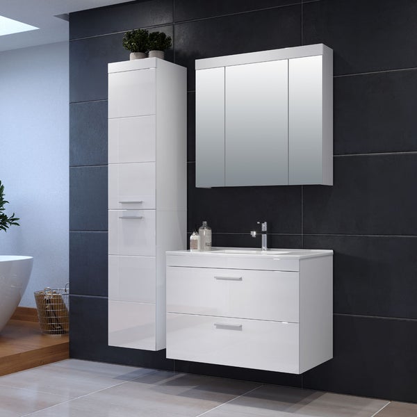 Devon Badmöbelset B mit Bad Spiegelschrank weiß, weiß Hochglanz. 130 X 47 X 190 cm