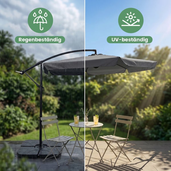 Moderner Ampelschirm über einem Garten-Bistro-Set mit einer lesenden Frau in einem sonnigen Garten.