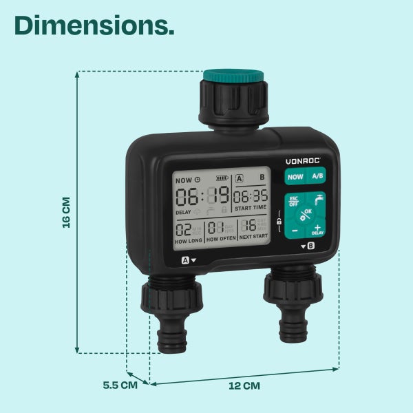 VONROC Bewässerungscomputer mit digitalem Display und zwei Anschlüssen. Abmessungen: 16 Zentimeter Höhe, 12 Zentimeter Breite und 5,5 Zentimeter Tiefe.