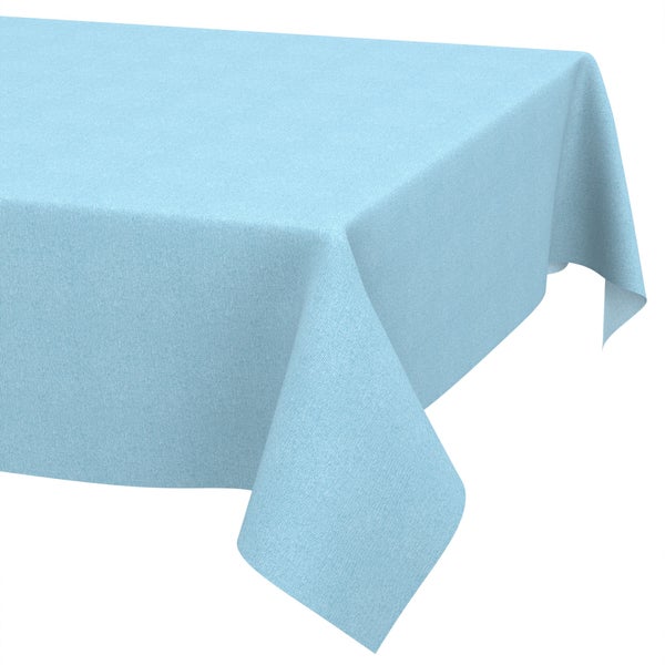 Hellblaue rechteckige Tischdecke aus gewebtem Stoff, Detailaufnahme einer Tischecke.