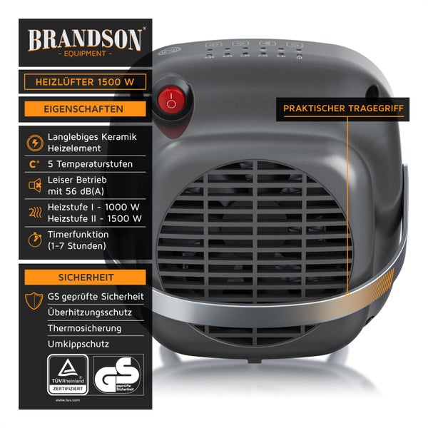 Brandson Heizlüfter 1500W, Keramik-Heizlüfter, energiesparend, leise, Überhitzungsschutz, Automatische Abschaltung, Umkippschutz, 2 Heizstufen