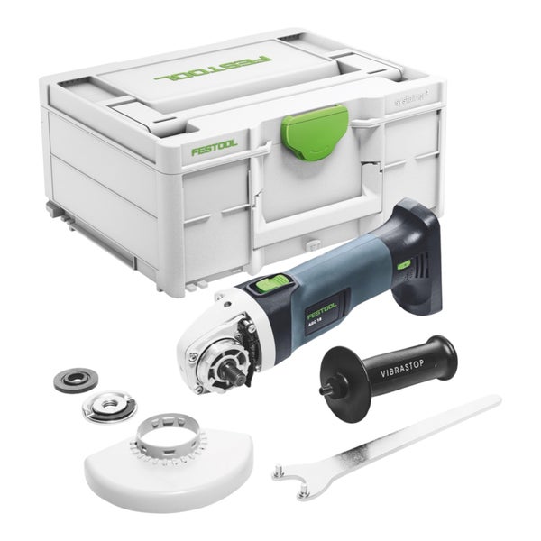 Festool Akku-Winkelschleifer AGC 18 mit Systainer, Zusatzhandgriff, Schutzhaube und Montageschlüssel.