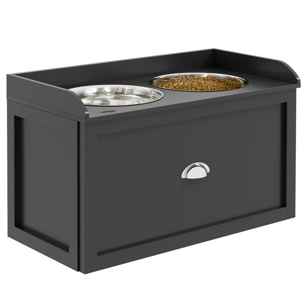Erhöhte Futterstation für Hunde aus Holz mit zwei Edelstahlnäpfen und Schublade für Futter.