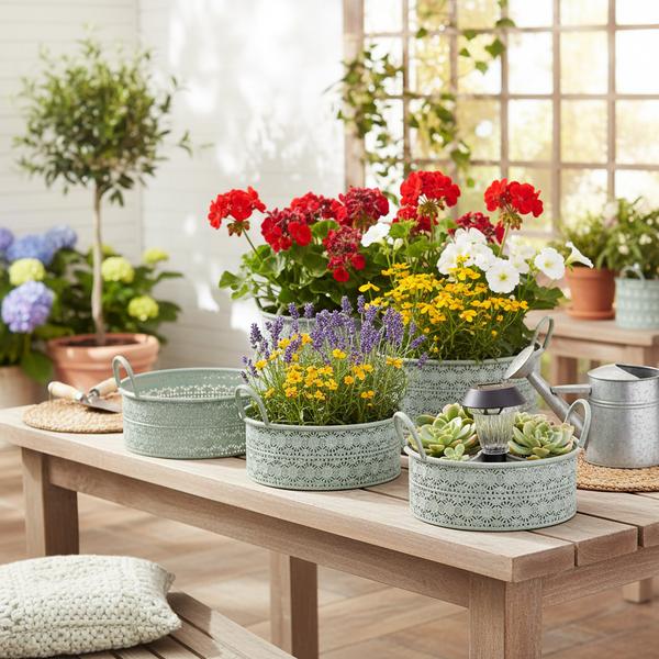 Dekorative Metall-Pflanzschalen mit Spitzenmuster auf einem Holztisch, bepflanzt mit Blumen und Sukkulenten im hellen Außenbereich.