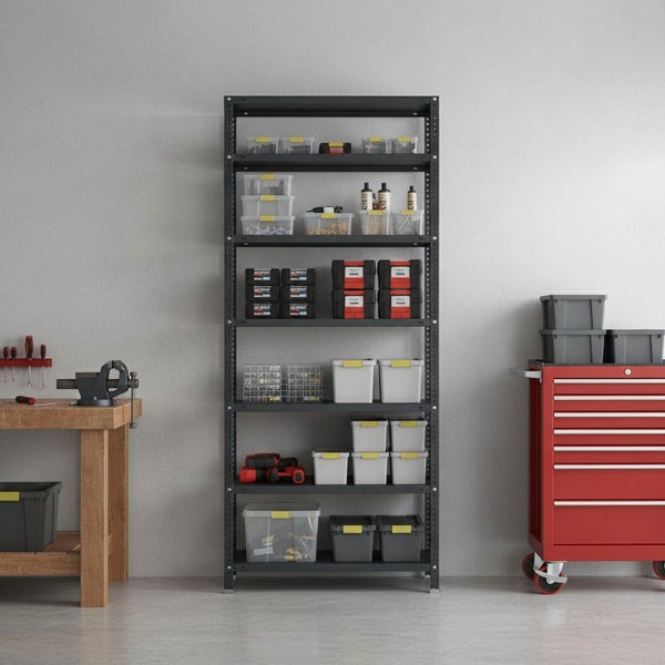 Schwarzes Metallregal in einer organisierten Werkstatt mit Aufbewahrungsboxen, Werkzeugkoffern, einer hölzernen Werkbank und einem Werkstattwagen.