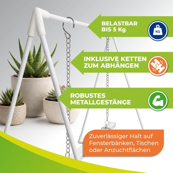 Weißes Metallgestell für Pflanzen mit Informationen zur Belastbarkeit bis 5 Kilogramm, inklusive Ketten und stabilem Halt auf Fensterbänken.