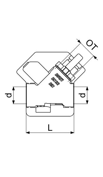 Technische Zeichnung einer Armatur DUGH DN32 DIN mit Maßangaben für Durchmesser d, Länge L und Oberteil OT.