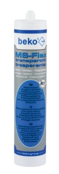 Beko Logo. Beko MS-Flex transparenter Klebstoff und Dichtstoff auf Polymerbasis in der Kartusche, EC1-zertifiziert.