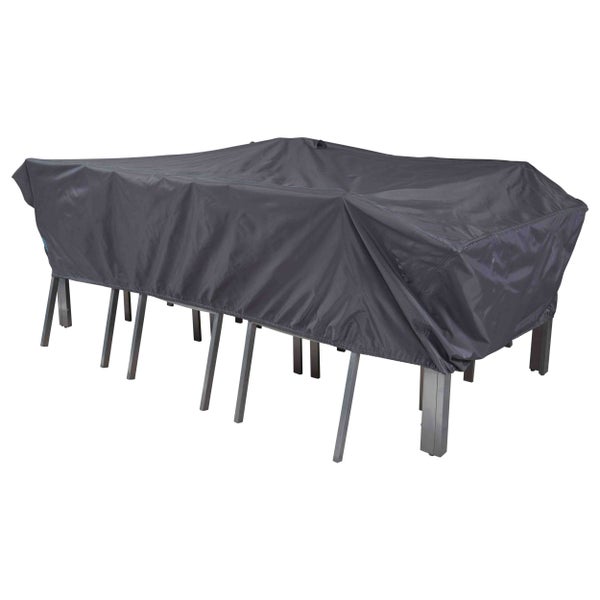 Schutzhülle für Gartenmöbelset bestehend aus Tisch und Stühlen, wetterfestes Material.