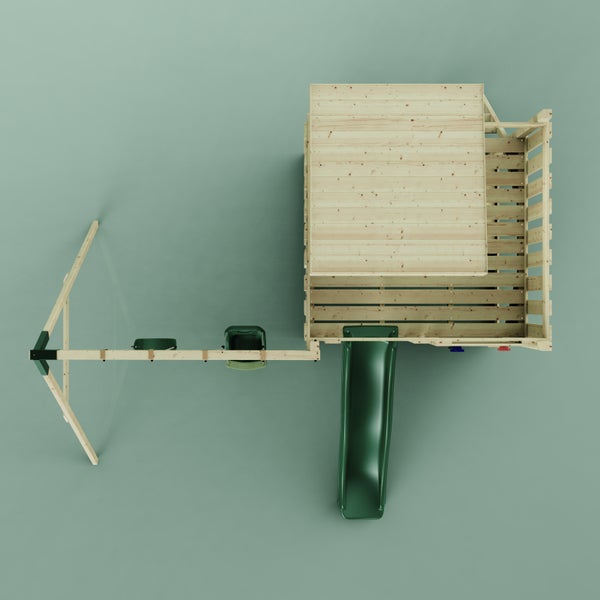 Draufsicht eines Spielturms aus Holz mit Podesthaus, Rutsche und Doppelschaukel.