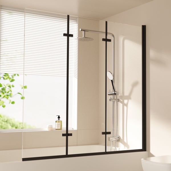 EMKE Duschabtrennung 130 x 140cm Mattschwarzer Rahmen Badewanne Faltwand Nanobeschichtungen ESG Sicherheitsglas Duschwand Glas für Badewannen