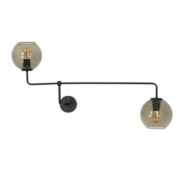 Wandleuchte mit zwei Glaskugeln und schwarzem Metallgestell