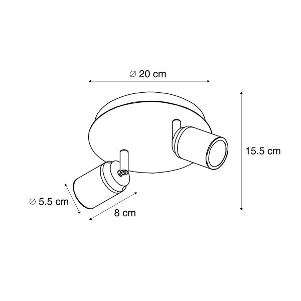 Technische Zeichnung einer Deckenleuchte mit zwei Strahlern und Maßangaben