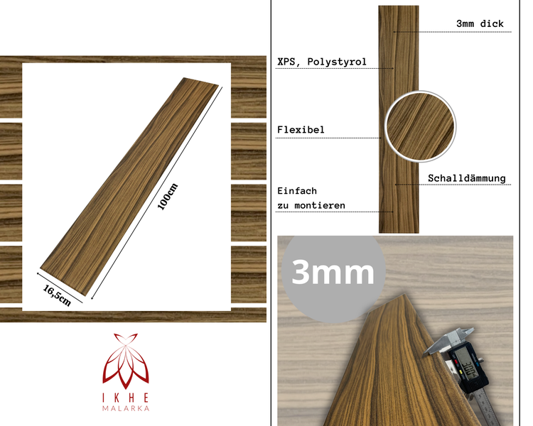 Wandpaneel in Holzoptik aus Polystyrol, 100 mal 16,5 Zentimeter, 3 Millimeter dick, flexibel, schalldämmend, einfache Montage, IKHE MALARKA Logo.
