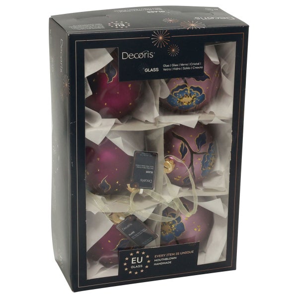 Verpackung mit vier Dekorationsglaskugeln mit Blumenmuster