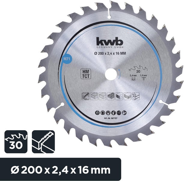 kwb Kreissägeblatt 200 x 16 mm - Schneller Schnitt, Hartmetall-Zähne, Geeignet für Weich- und Hartholz, Tischlerplatten und Spanplatten