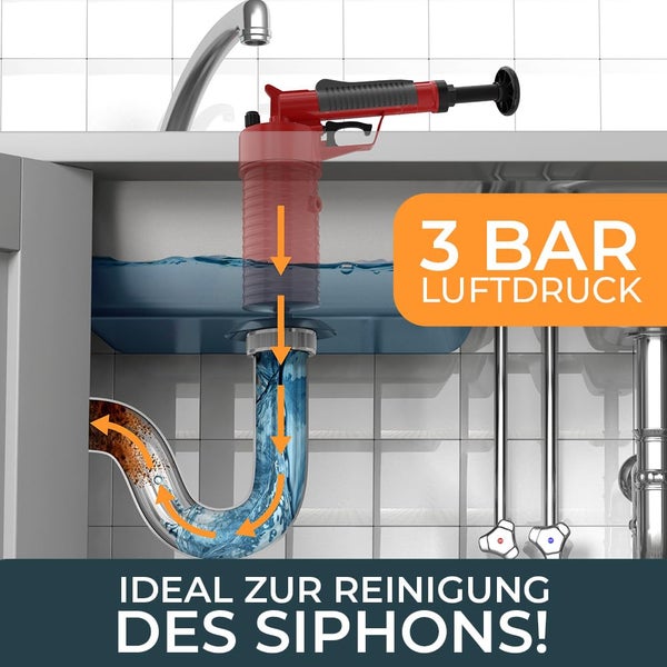 Pressluft-Rohreiniger zur Reinigung eines verstopften Siphons unter einem Waschbecken mit 3 bar Luftdruck.