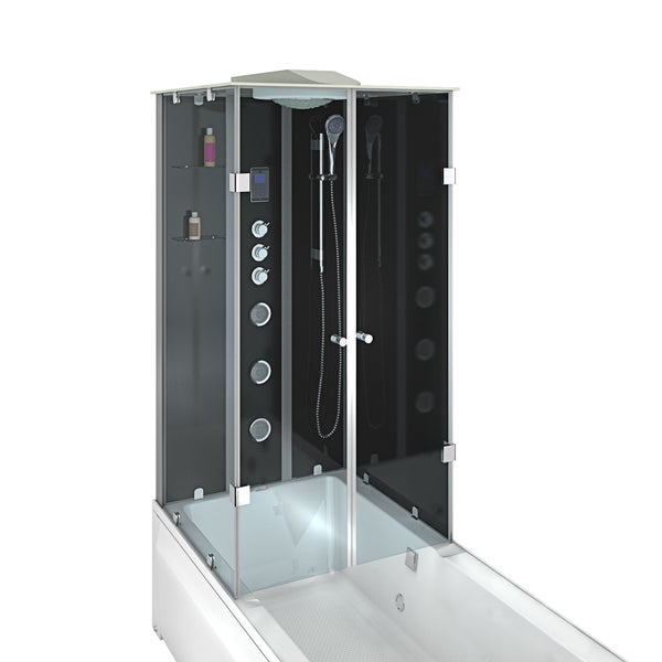 Kombinierte Duschbadewanne mit Glaswänden, integrierten Massagedüsen, Kopfbrause und Handbrause in einem modernen Badezimmer.