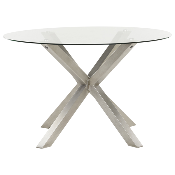 Runder Esstisch mit Glasplatte und Edelstahlfuß