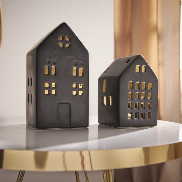 FRANK FLECHTWAREN | LED-Haus Black, 2er Set, PORZELLAN, KUNSTSTOFF, 7,5 x 7 x 11 cm, 8 x 8 x 15 cm,