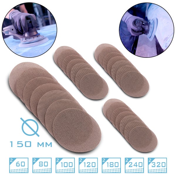 Schleifgitter-Set für Exzenterschleifer, Durchmesser 150 Millimeter, Körnungen von 60 bis 320, inklusive Anwendungsbeispielen.