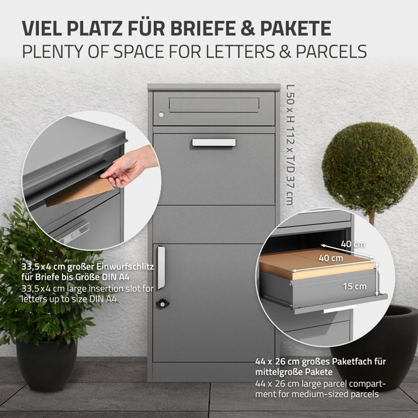 ML-Design Paketbriefkasten aus verzinktem Stahl in Grau, 50x112x37 cm, freistehend, abschließbar, 2 Schlüssel, Standbriefkasten Paketbox Postkasten Paketkasten, für Pakete, Warensendungen, Briefe