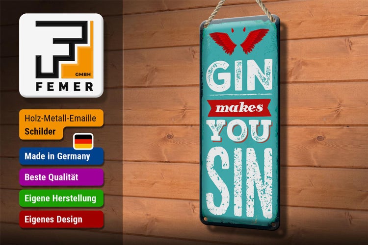Blechschild Spruch Gin makes you Sin Devil Hell 10x27cm Dekoration