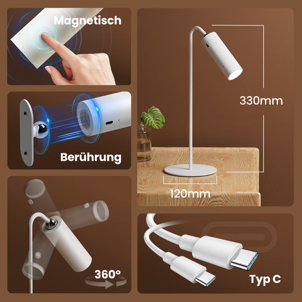 EMKE Magnetische LED Schreibtischlampe 5-in-1 Weiß Ø120×H330 mm Touchsteuerung, 3 Farbtemperaturen, Stufenlos dimmbar, USB-C Aufladung, Mobil, für Büro, Nachttisch & Wandmontage